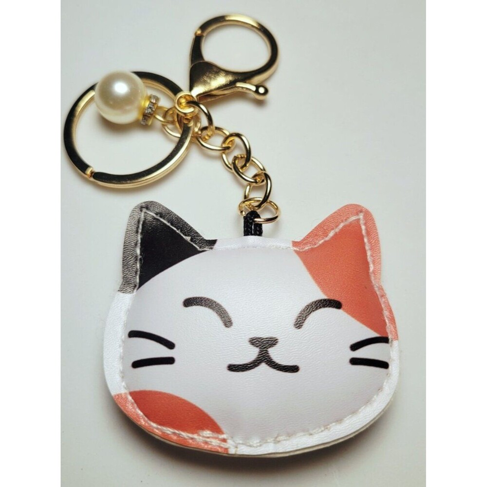 NWT Asian Cat Large Leatherette Keychain Bag Charm MEOW Orange, White, Gold